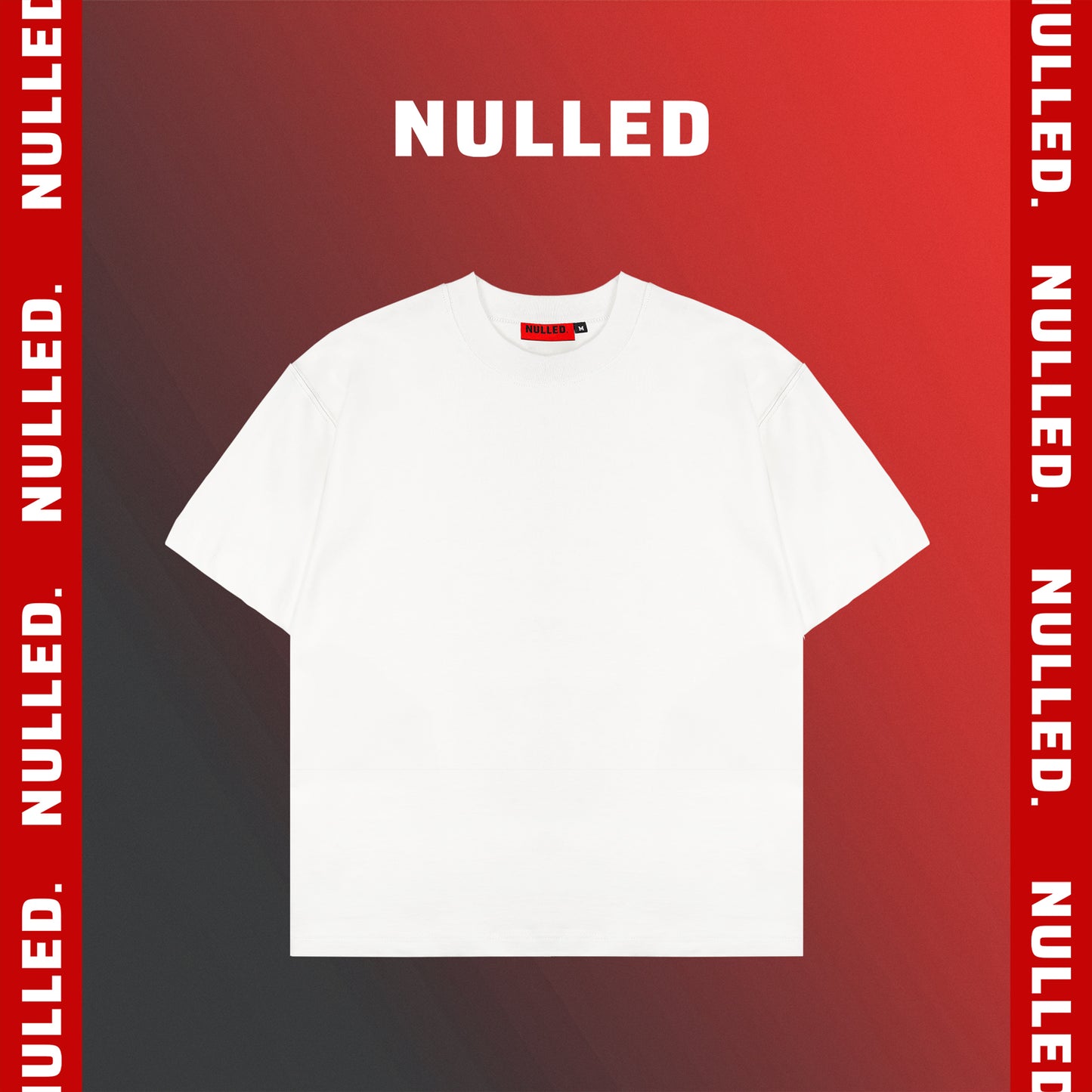 White t-shirt on a red background with 'NULLED' text.