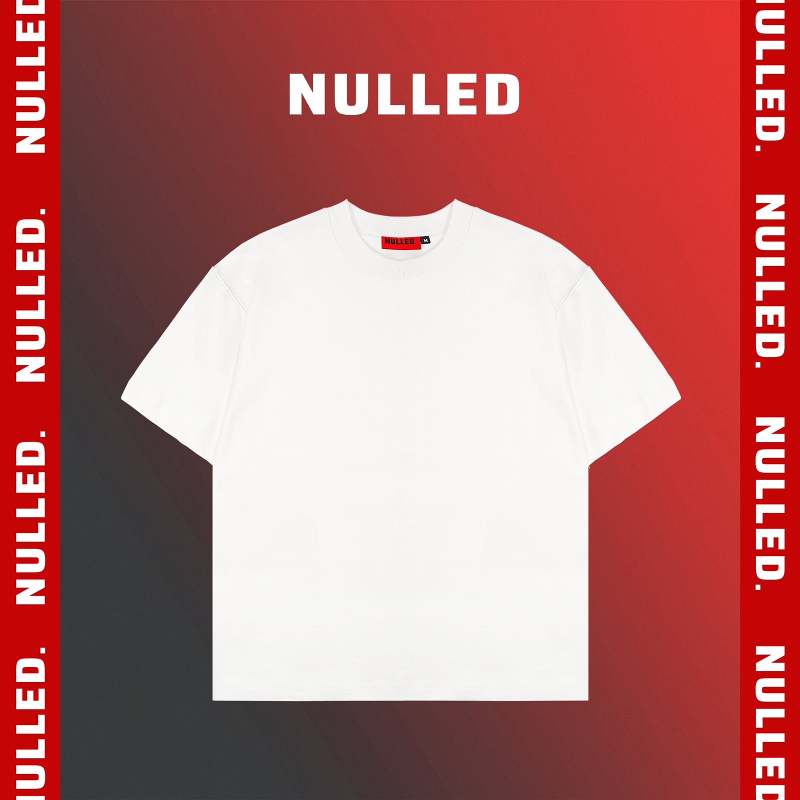 White t-shirt on a red background with 'NULLED' text.