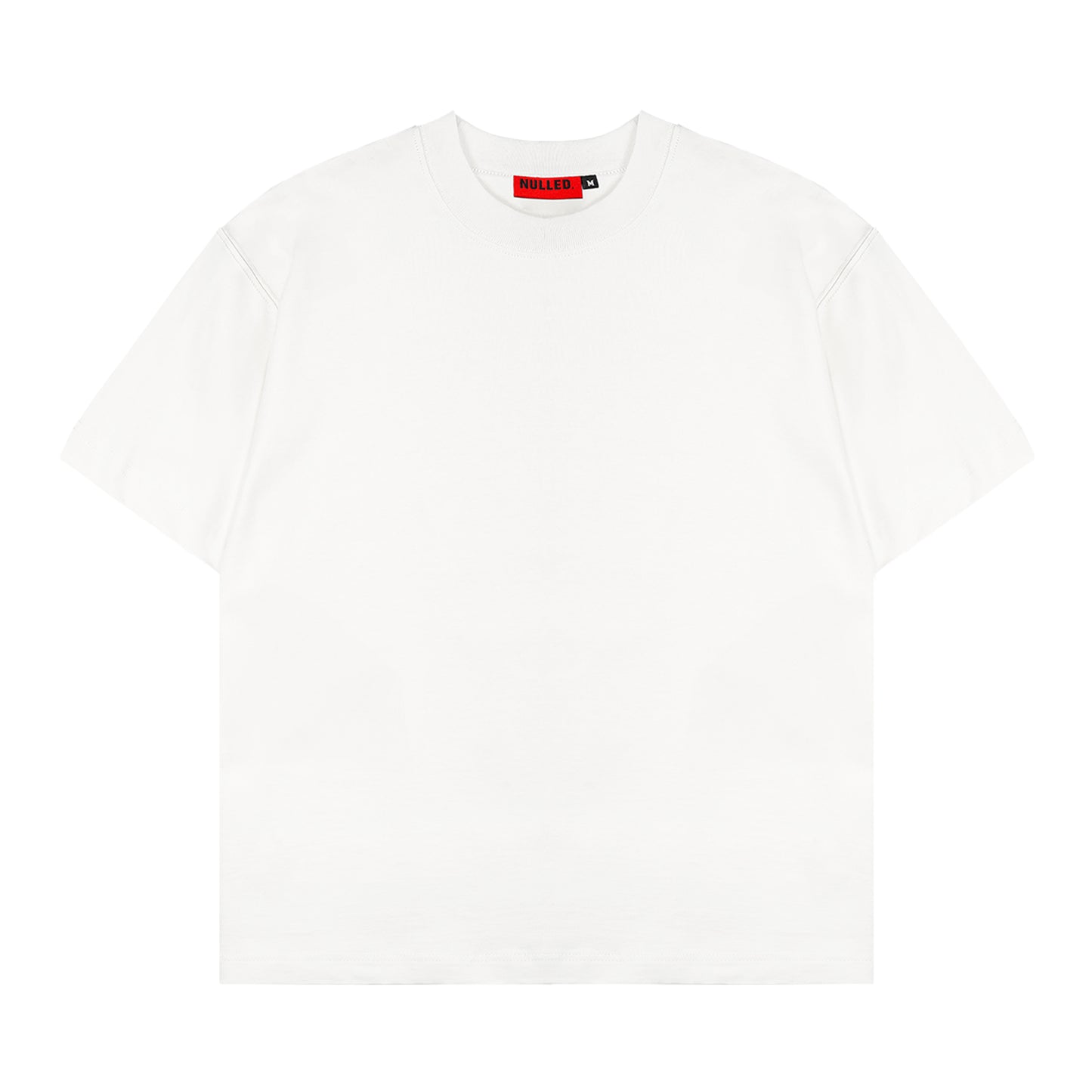 White t-shirt with a red and black label on a white background