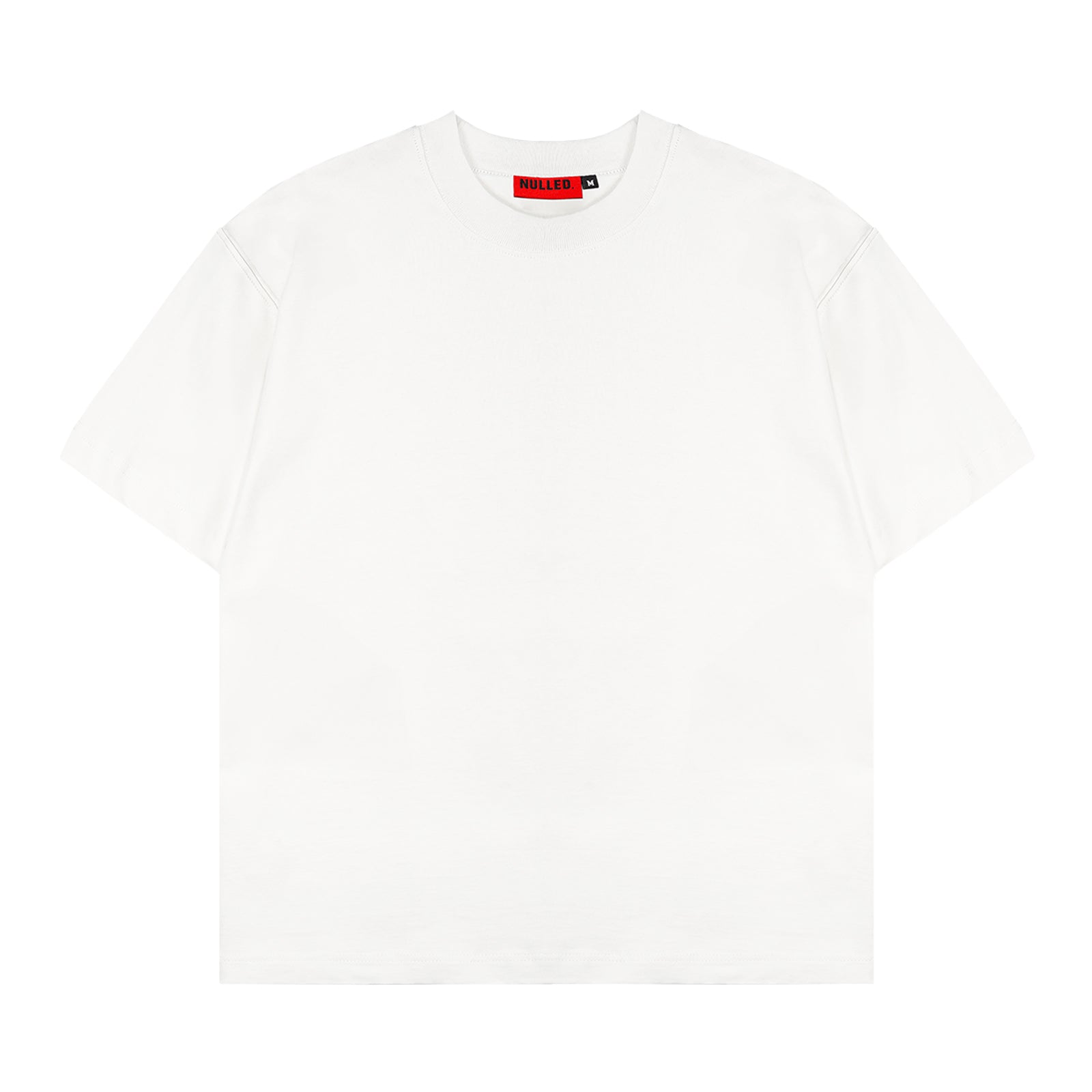 White t-shirt with a red and black label on a white background
