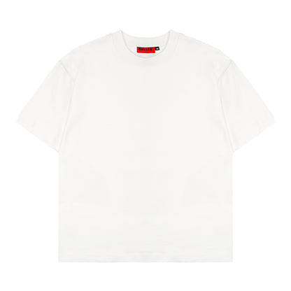 White t-shirt with a red and black label on a white background