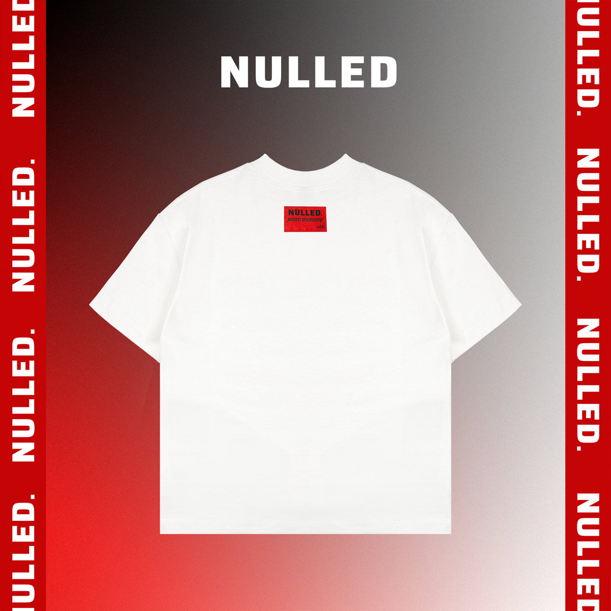 White t-shirt with a red 'Nulled' label on a gray and red gradient background