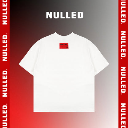 White t-shirt with a red 'Nulled' label on a gray and red gradient background