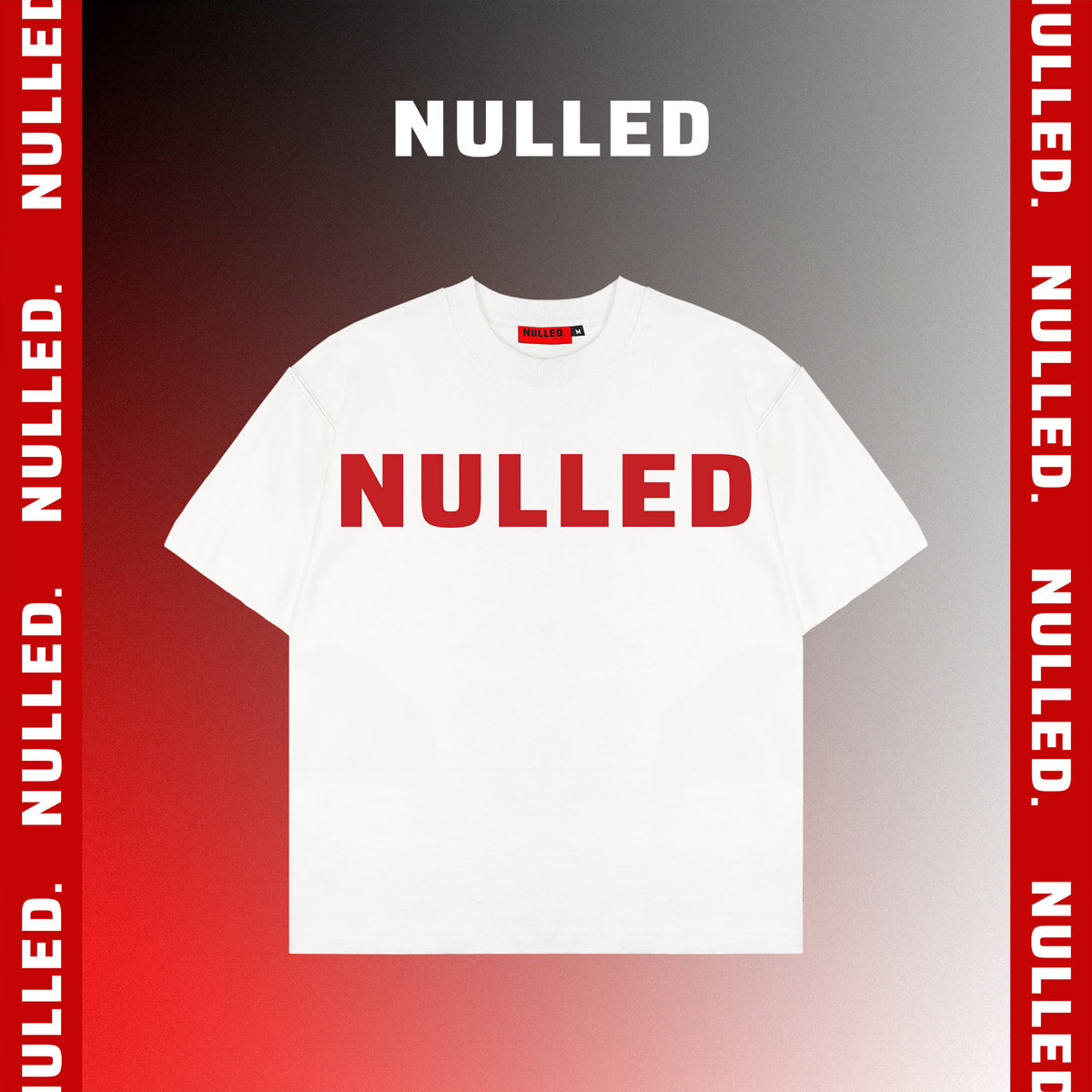 White t-shirt with 'NULLED' printed on it against a gradient background with 'NULLED' branding.