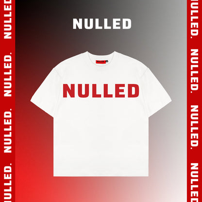 White t-shirt with 'NULLED' printed on it against a gradient background with 'NULLED' branding.