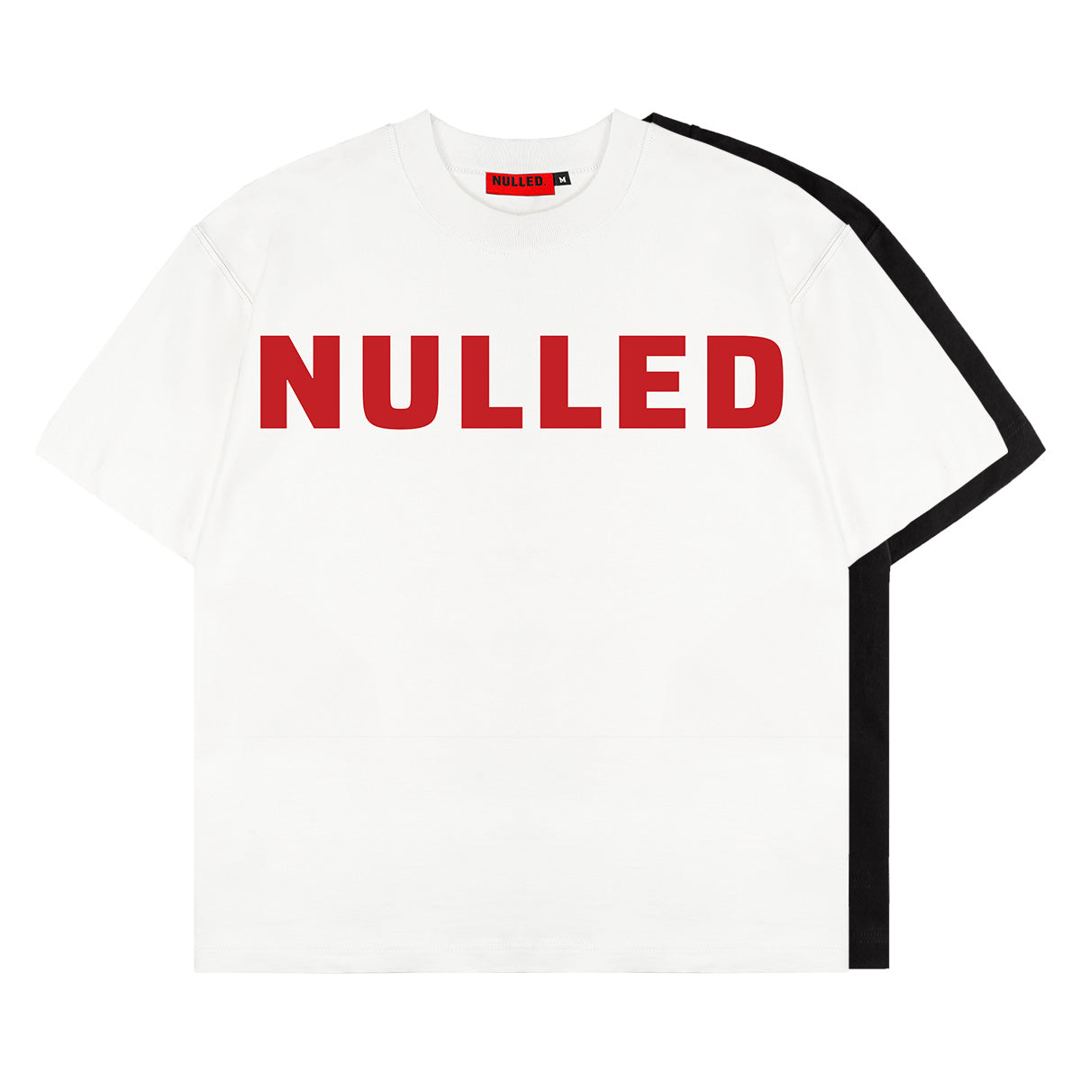 White t-shirt with 'NULLED' in red text on a white background