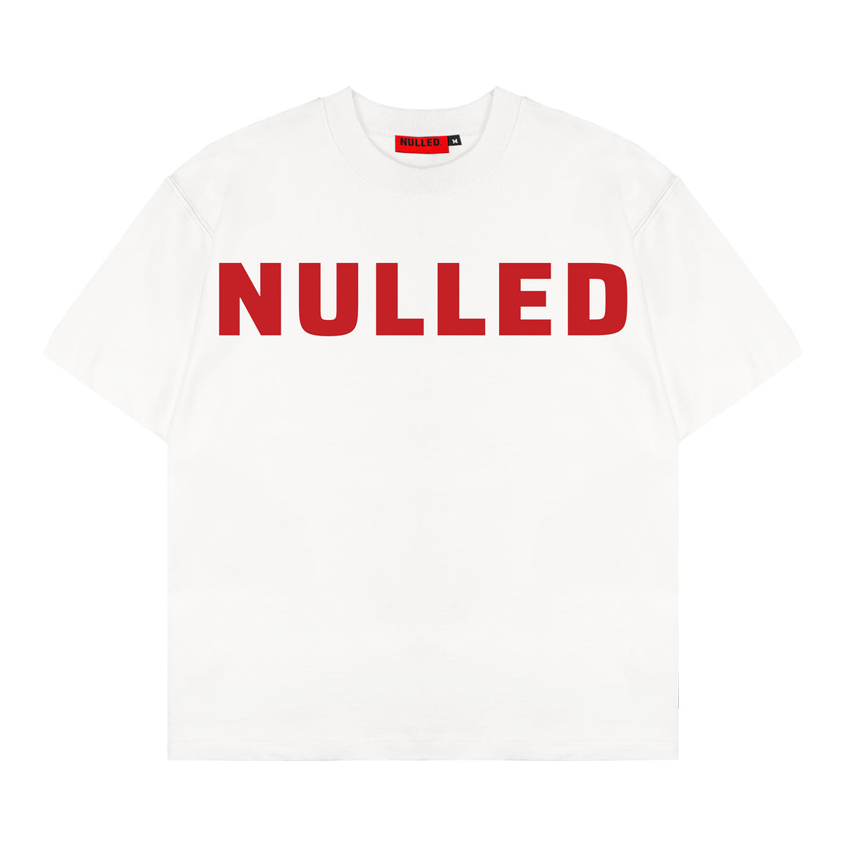 White t-shirt with 'NULLED' in red text on a white background