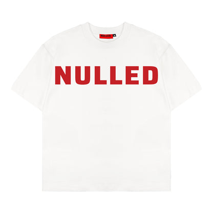 White t-shirt with 'NULLED' in red text on a white background