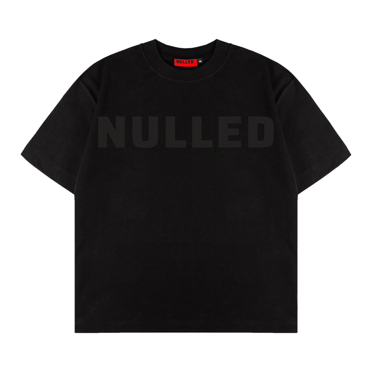 Black t-shirt with 'NULLED' text on a white background