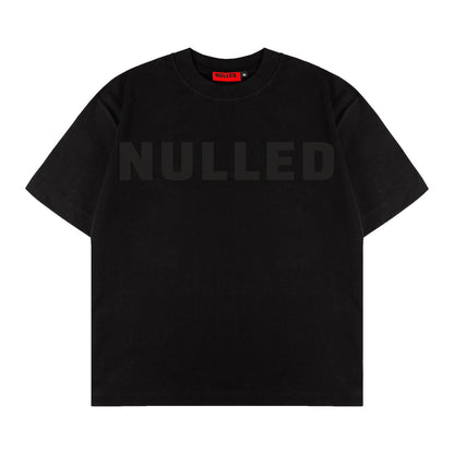 Black t-shirt with 'NULLED' text on a white background