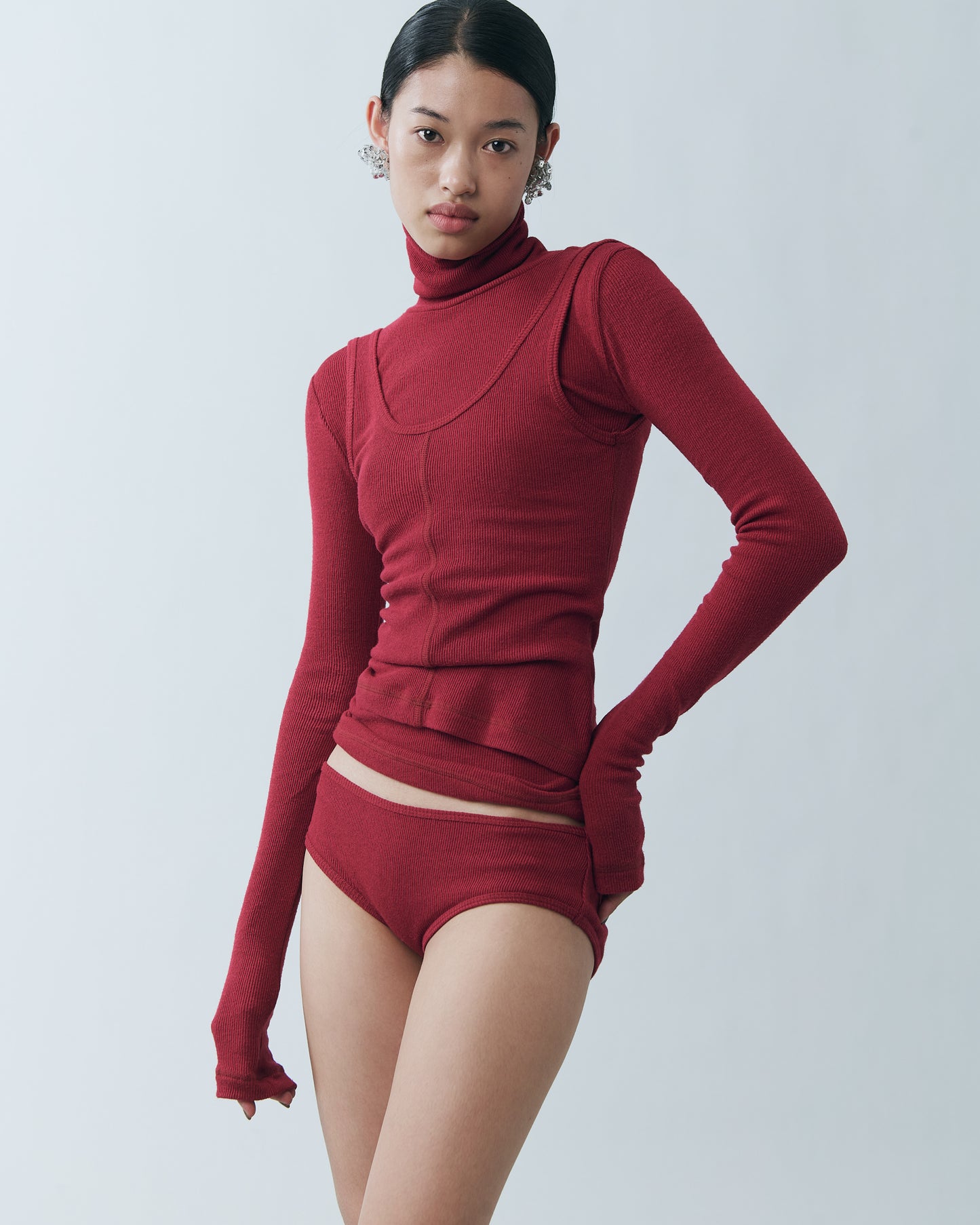 Red Ribbed High-Neck Top