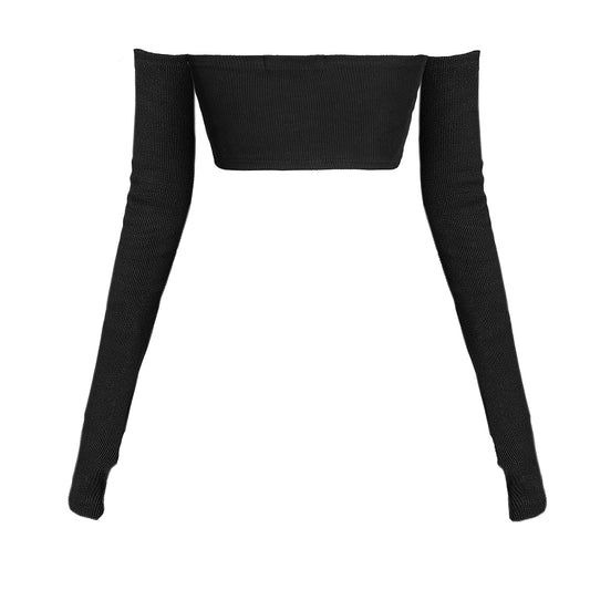 Black off-shoulder long-sleeve top on a white background
