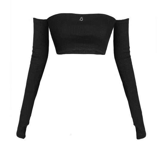 Black long-sleeve crop top on a white background