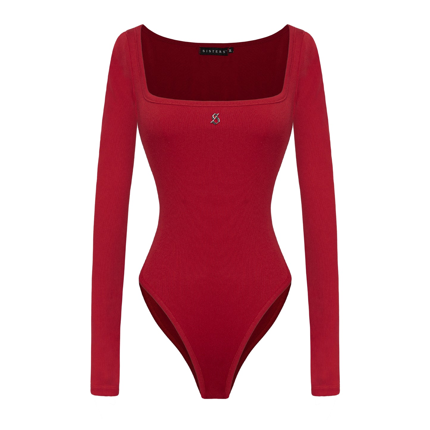 Red bodysuit with long sleeves on a white background