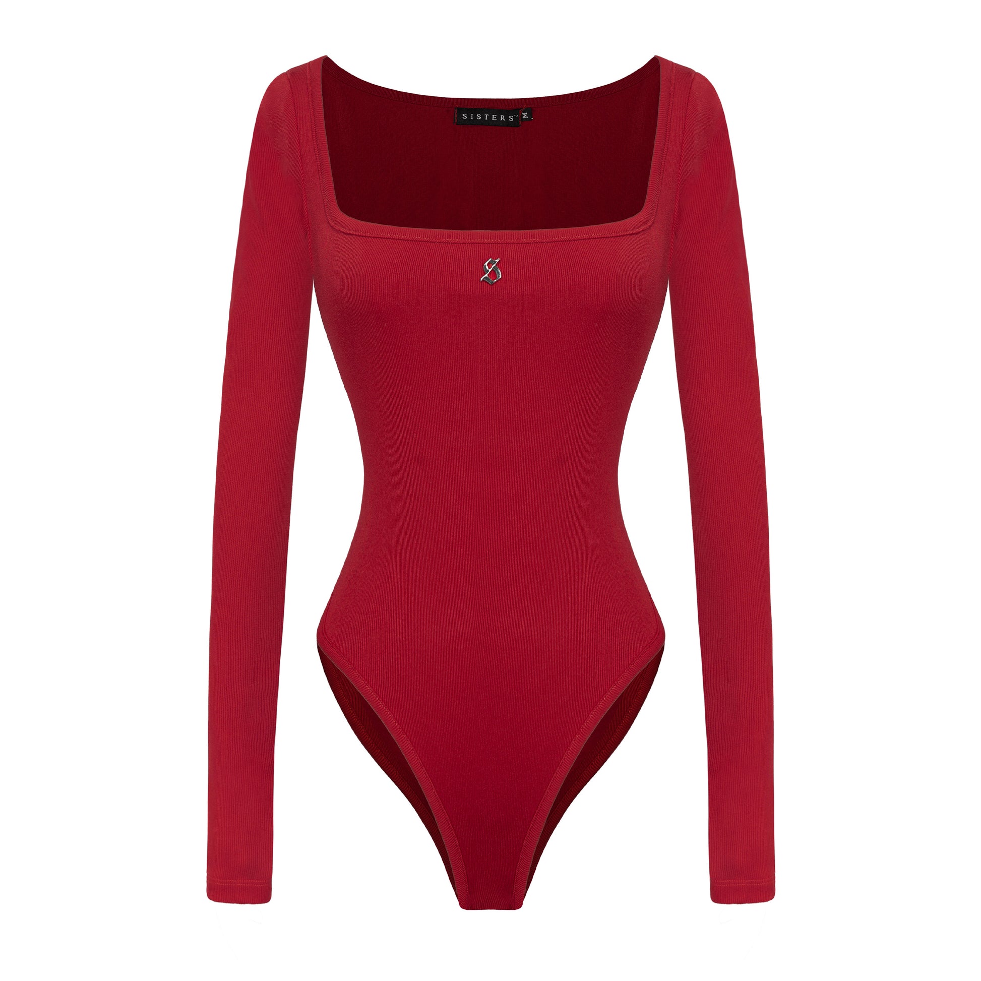 Red bodysuit with long sleeves on a white background