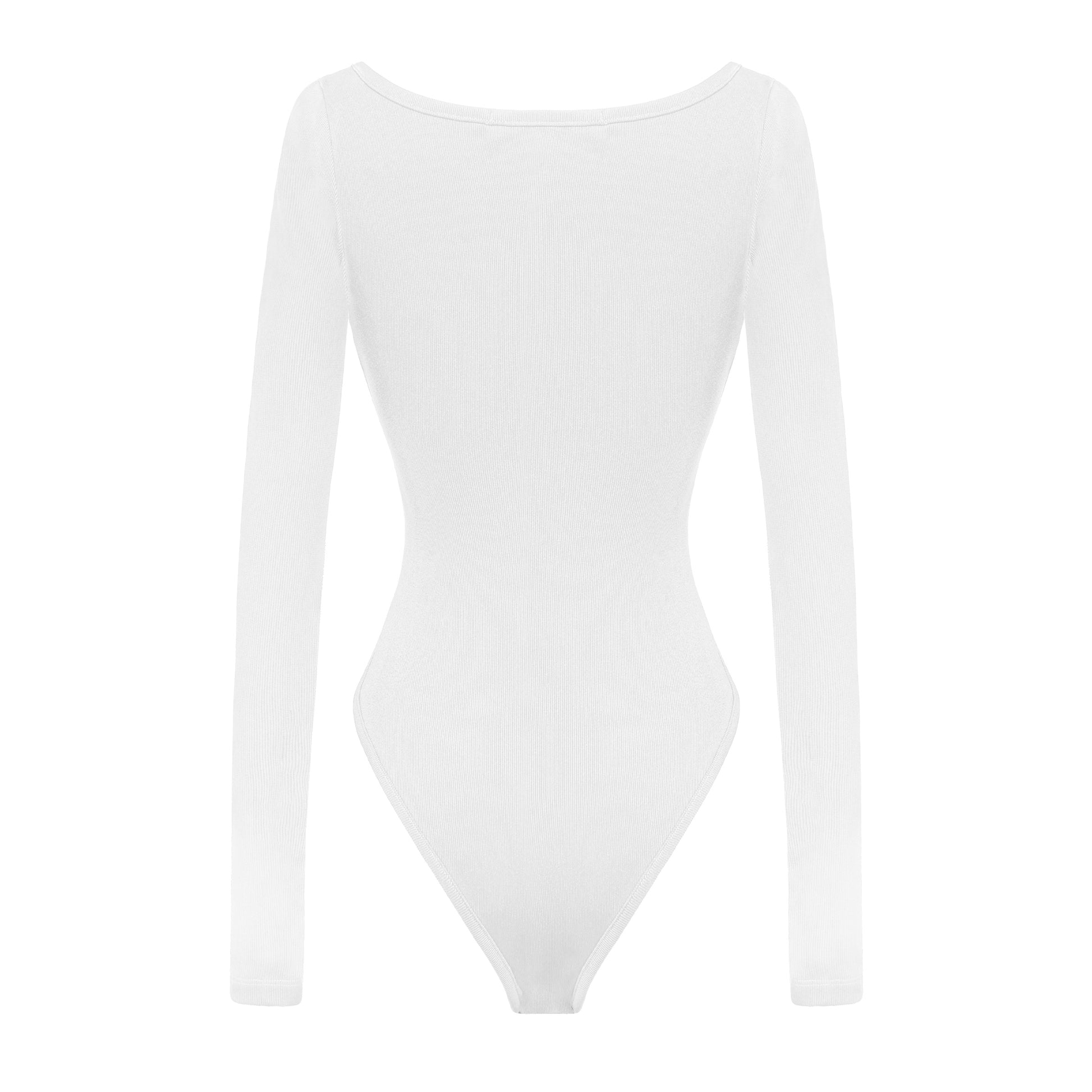 White bodysuit with long sleeves on a white background