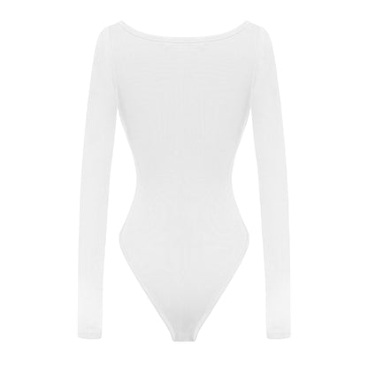White bodysuit with long sleeves on a white background