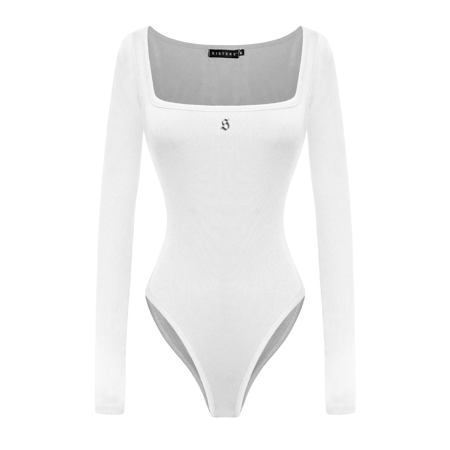 White bodysuit with long sleeves on a white background
