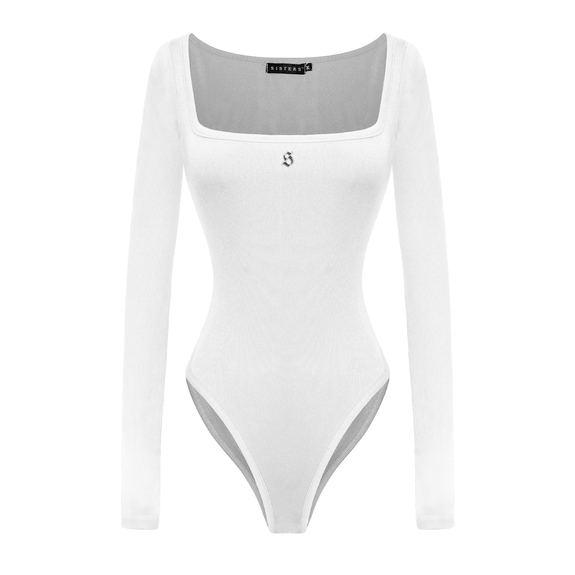 White bodysuit with long sleeves on a white background