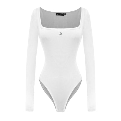 White bodysuit with long sleeves on a white background