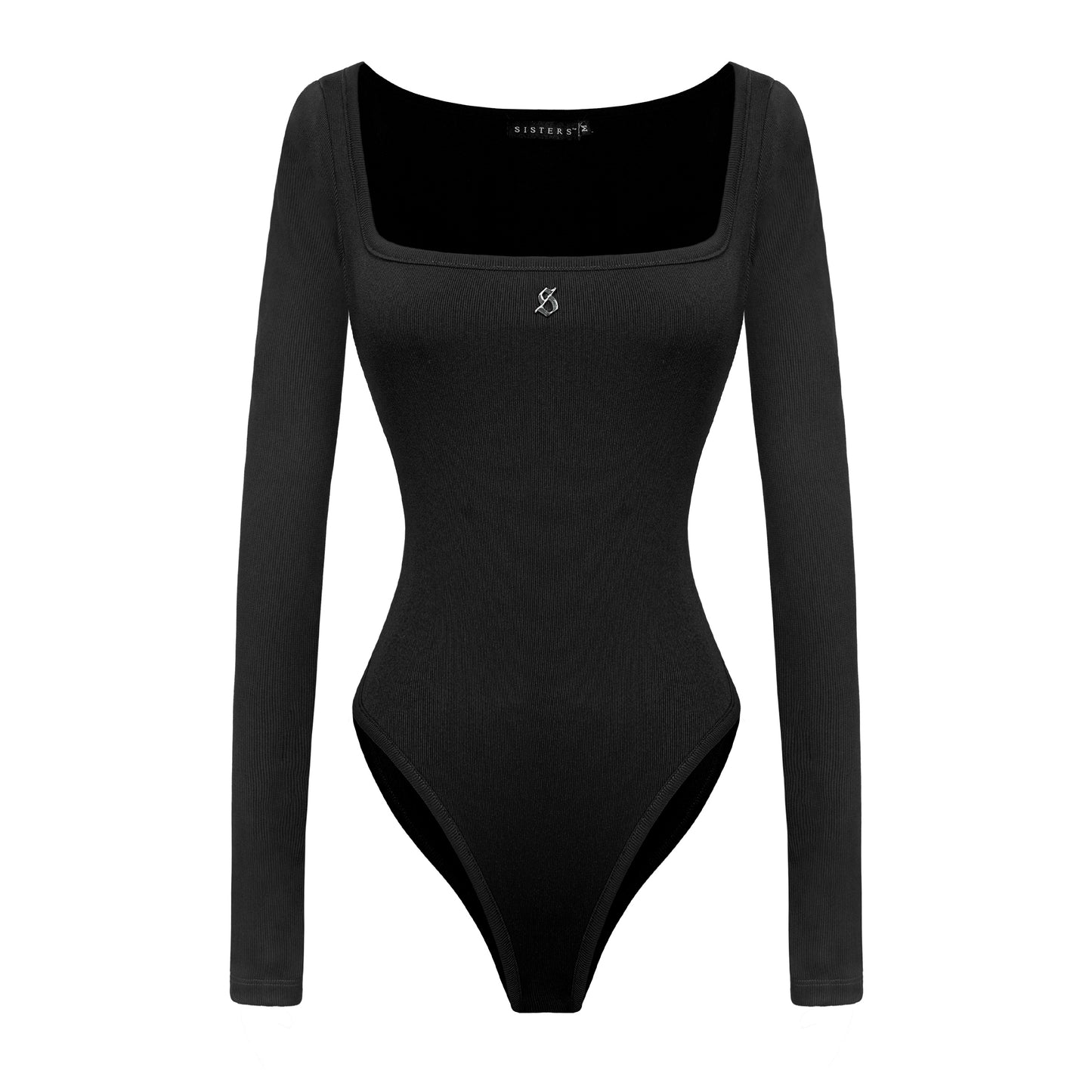 Black bodysuit with long sleeves on a white background