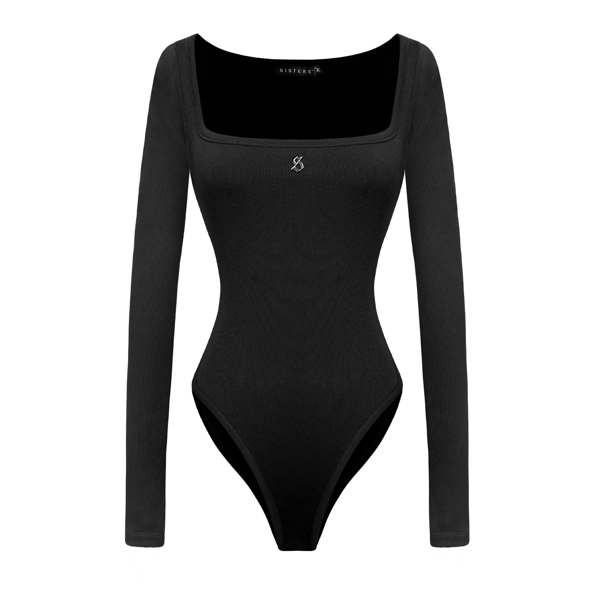 Black bodysuit with long sleeves on a white background
