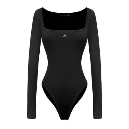 Black bodysuit with long sleeves on a white background