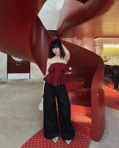 Black POP SUGAR Top styled with tailored trousers