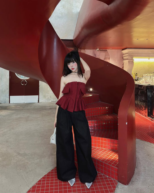 Black POP SUGAR Top styled with tailored trousers
