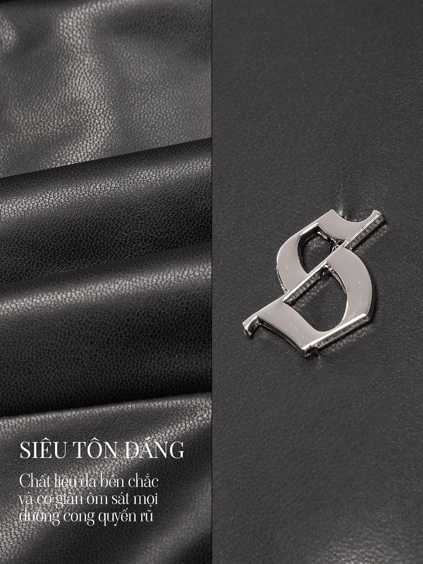 Metallic logo on black leather surface with text in Vietnamese