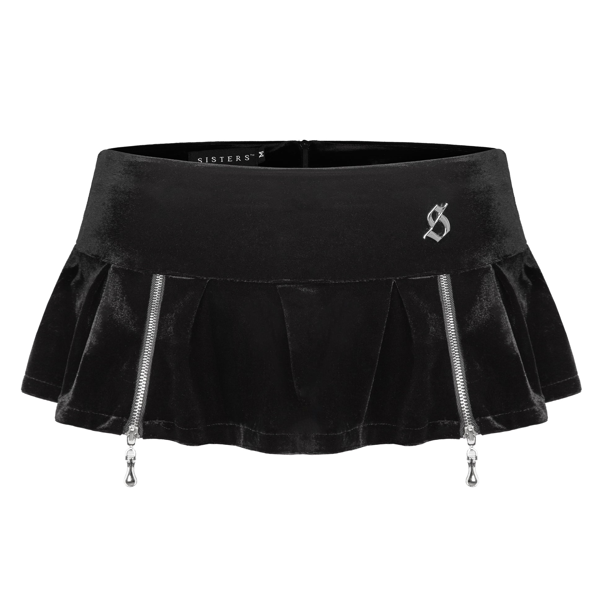 Black skirt with silver zippers and 'SISTERS' branding on a white background