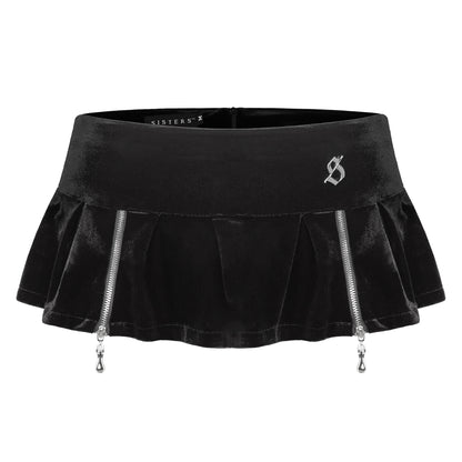 Black skirt with silver zippers and 'SISTERS' branding on a white background