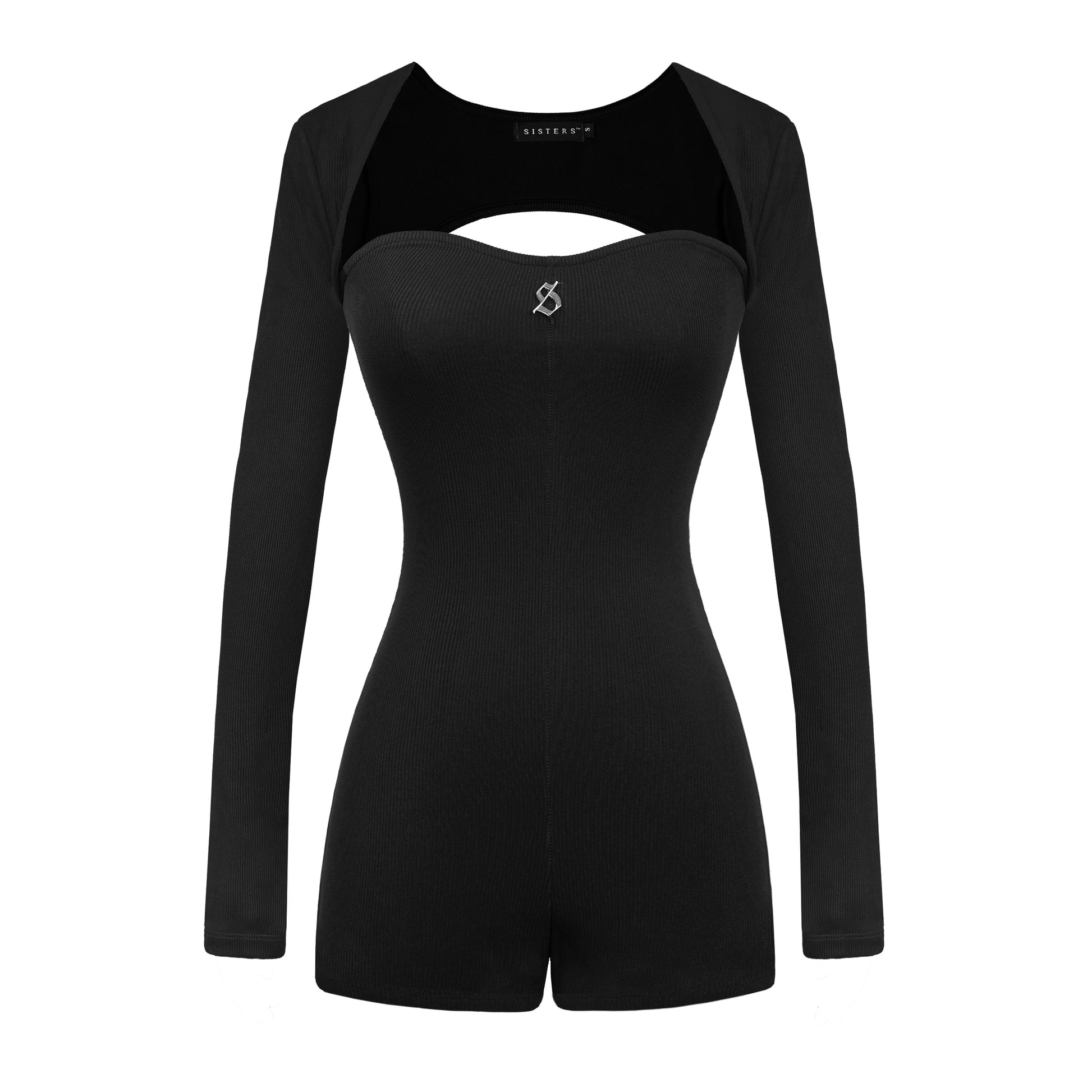 Black long-sleeve romper with cutout design on a white background