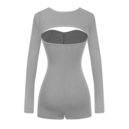 Gray bodysuit with cut-out design on a white background