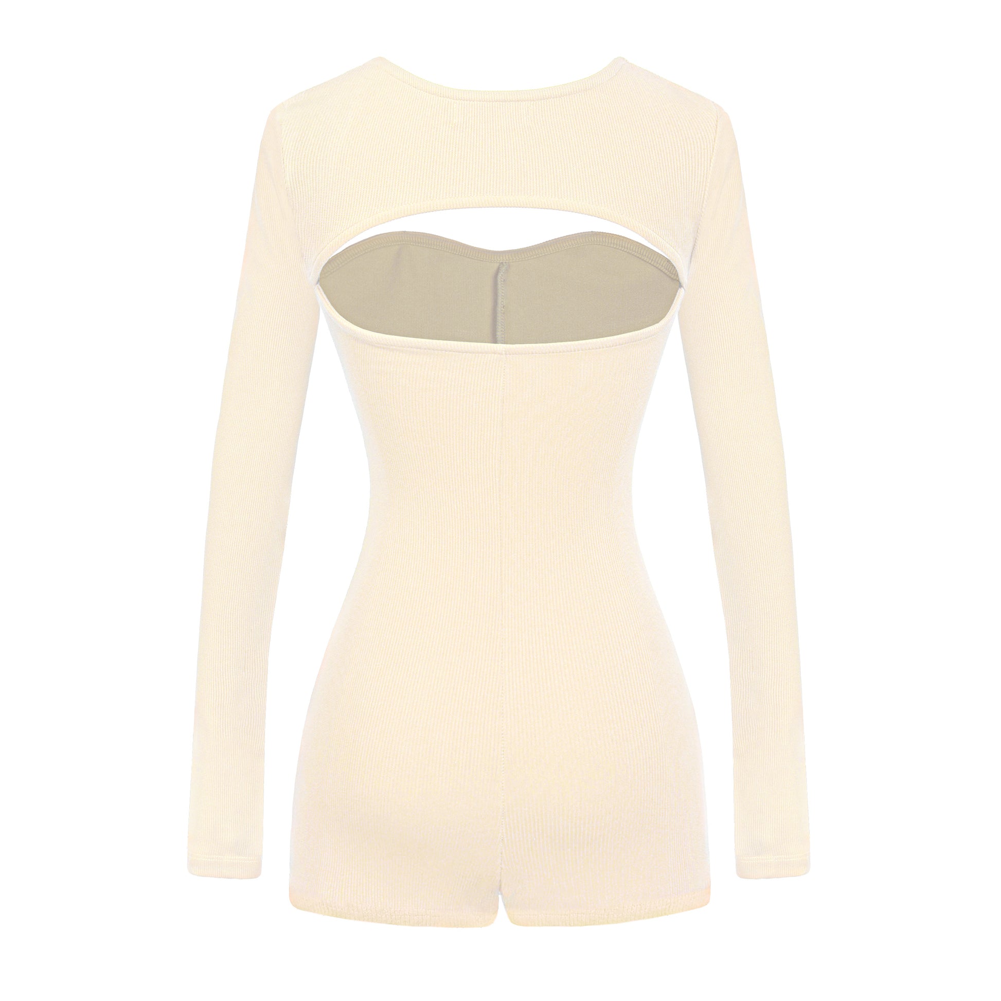 Beige long-sleeve top with cut-out design on a white background