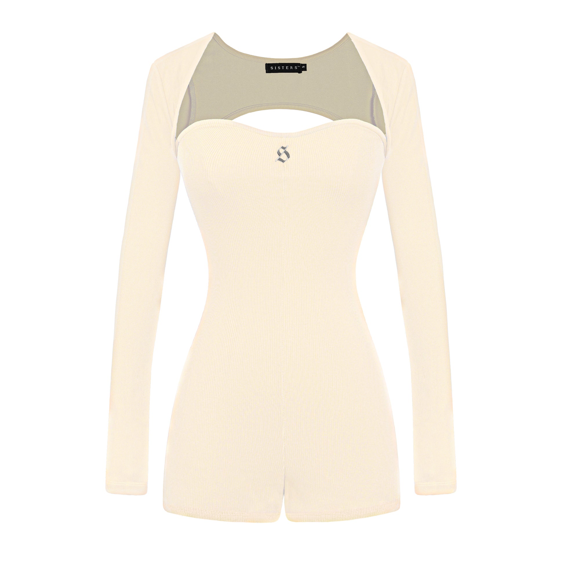 Beige long-sleeve top with a logo on a white background
