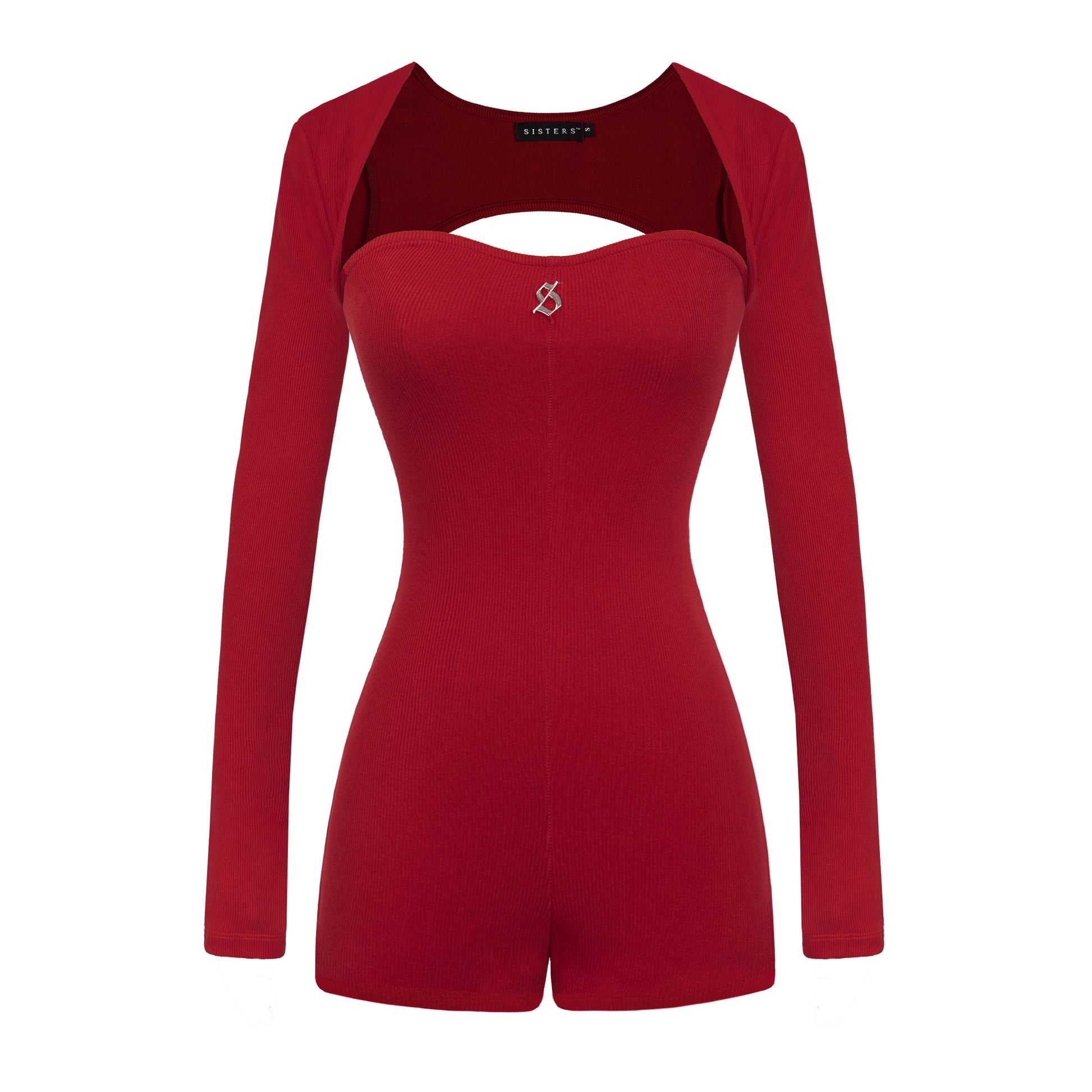 Red romper with long sleeves on a white background