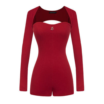 Red romper with long sleeves on a white background