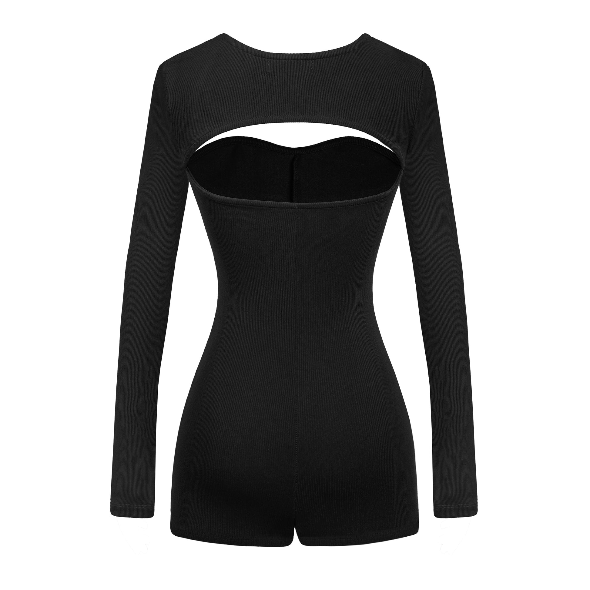 Black long-sleeve romper with cut-out design on a white background