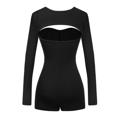 Black long-sleeve romper with cut-out design on a white background