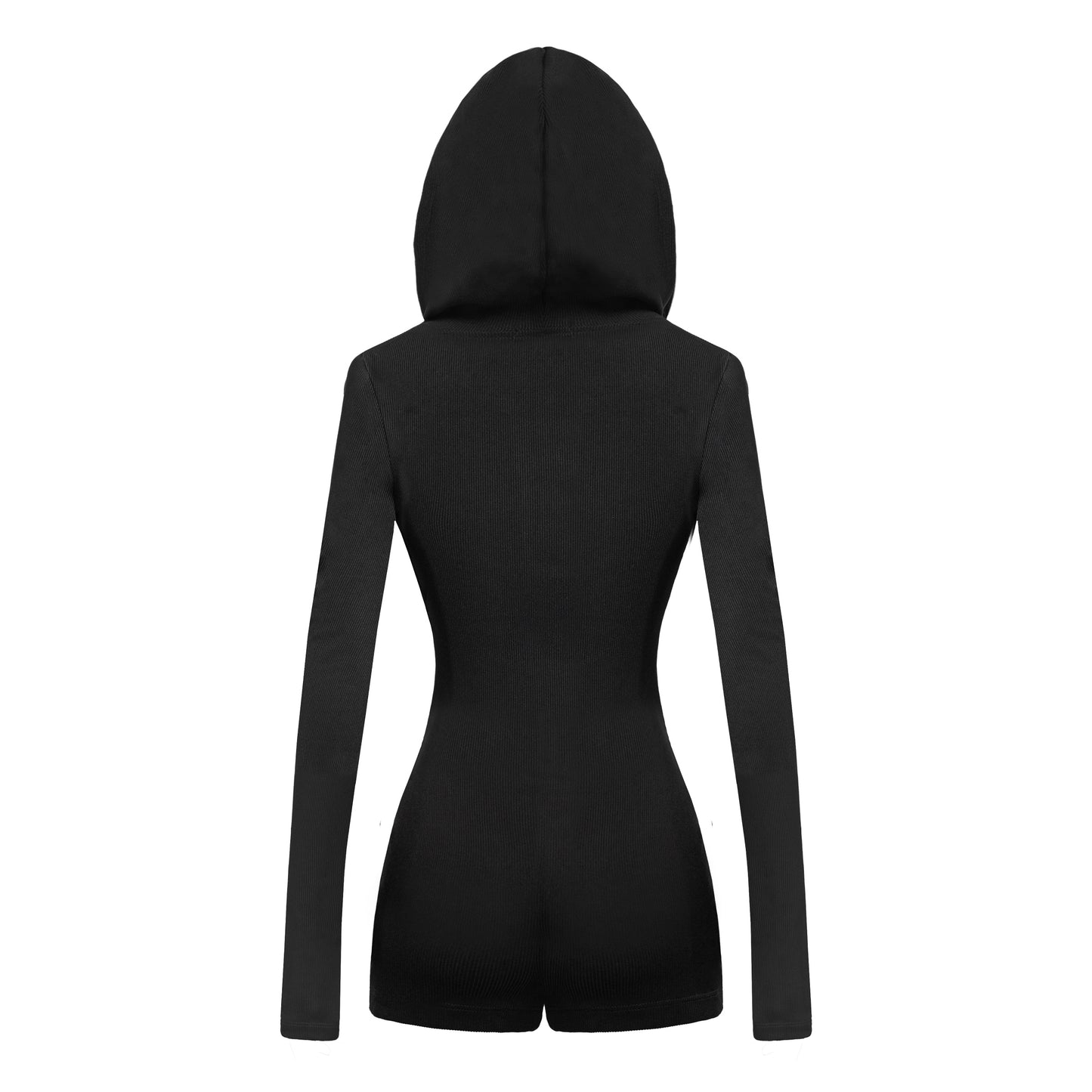 Black hooded romper on a white background