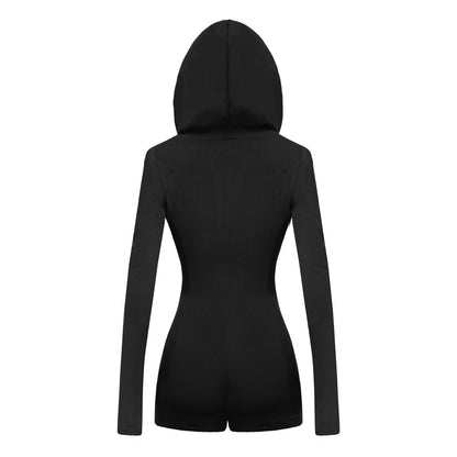 Black hooded romper on a white background