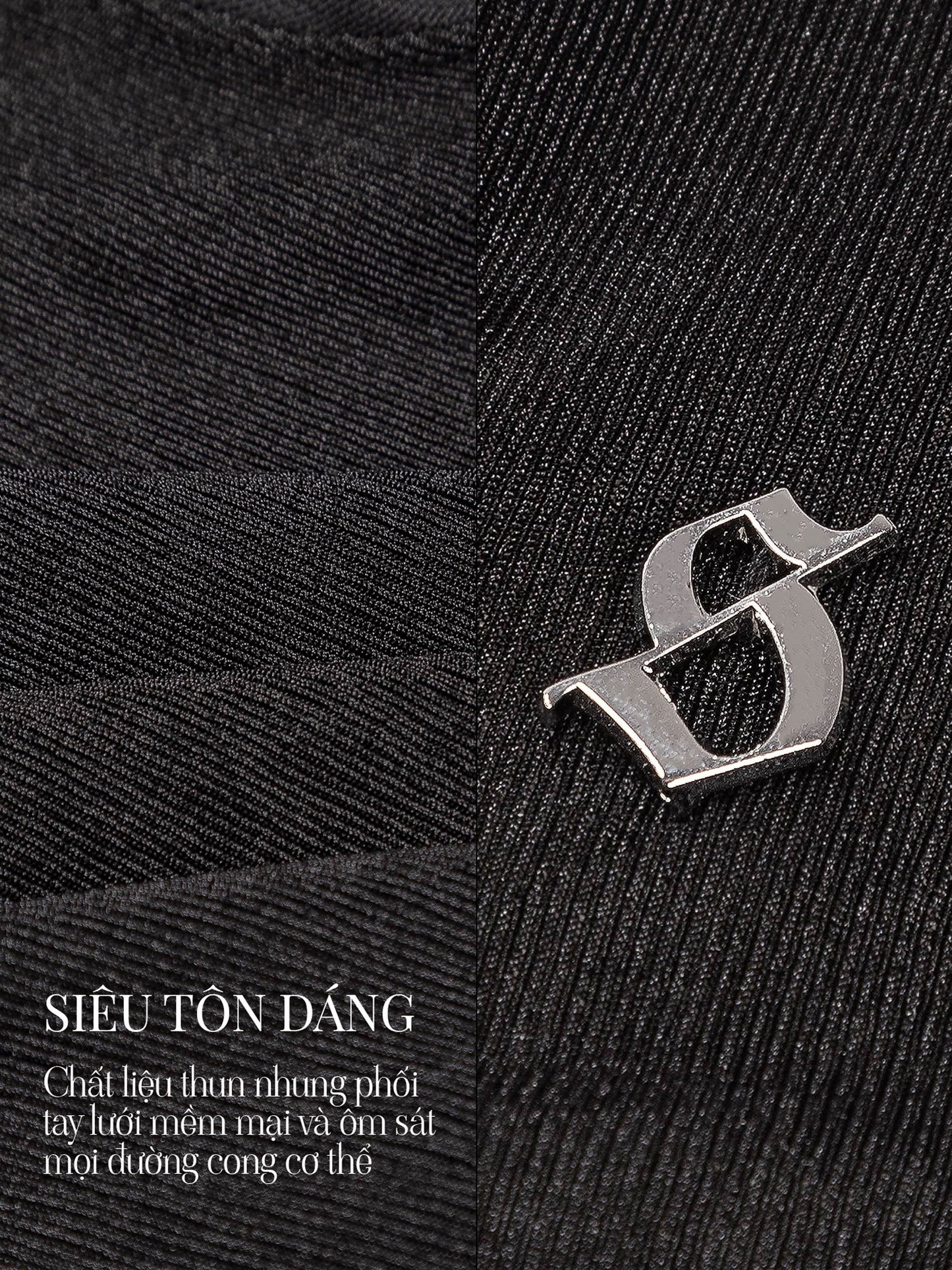 Close-up of a black fabric texture with a silver logo and text overlay.