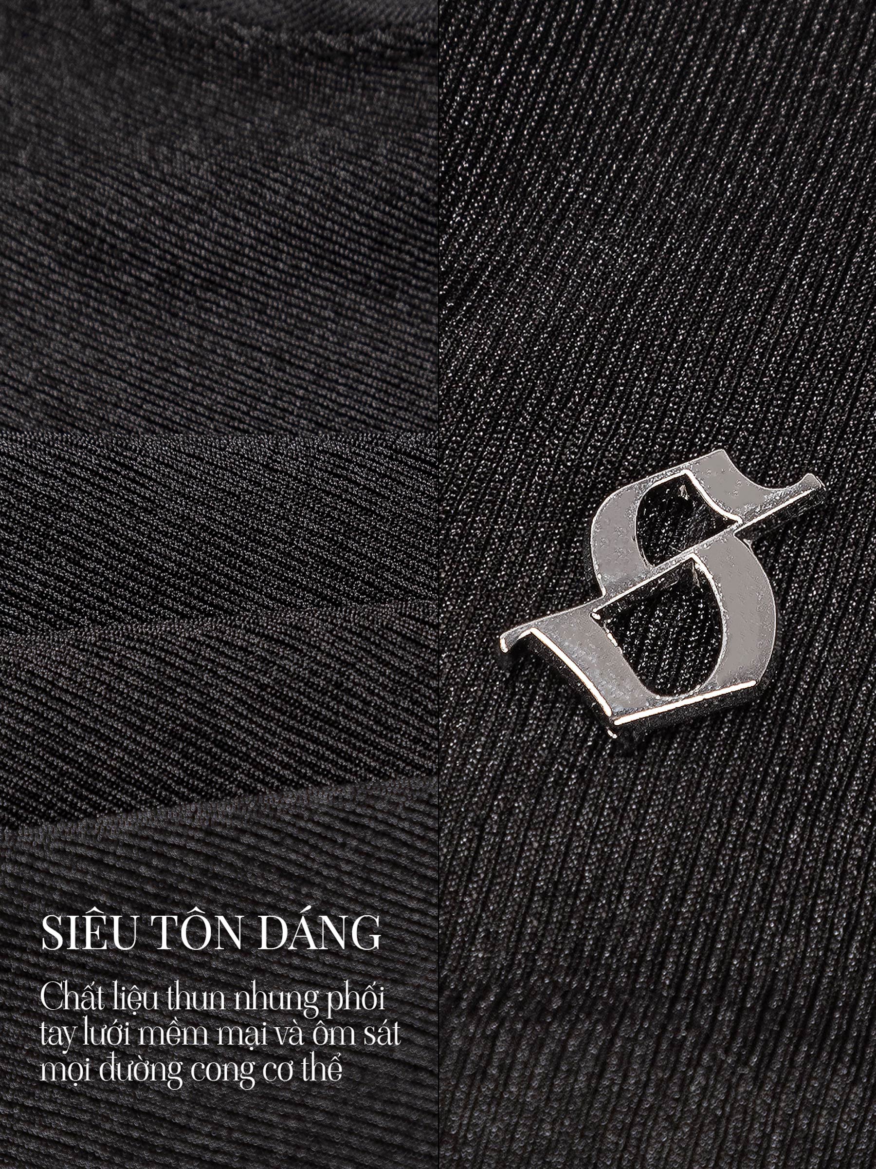 Close-up of a black fabric texture with a silver logo and text overlay.