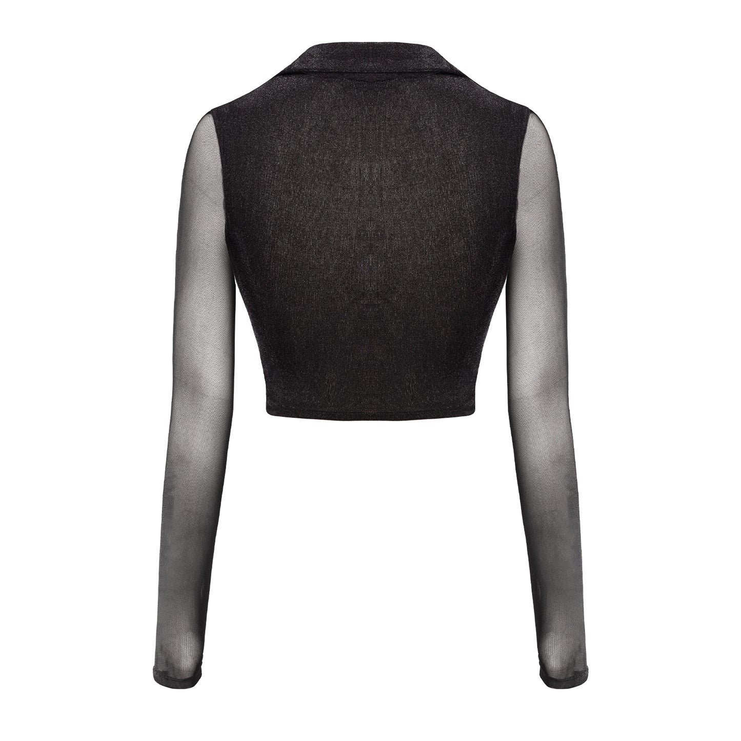 Black crop top with sheer sleeves on a white background