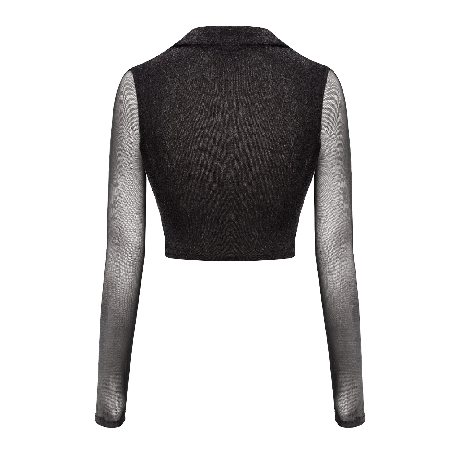Black crop top with sheer sleeves on a white background