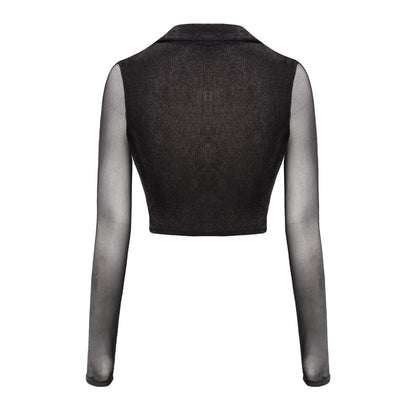 Black crop top with sheer sleeves on a white background