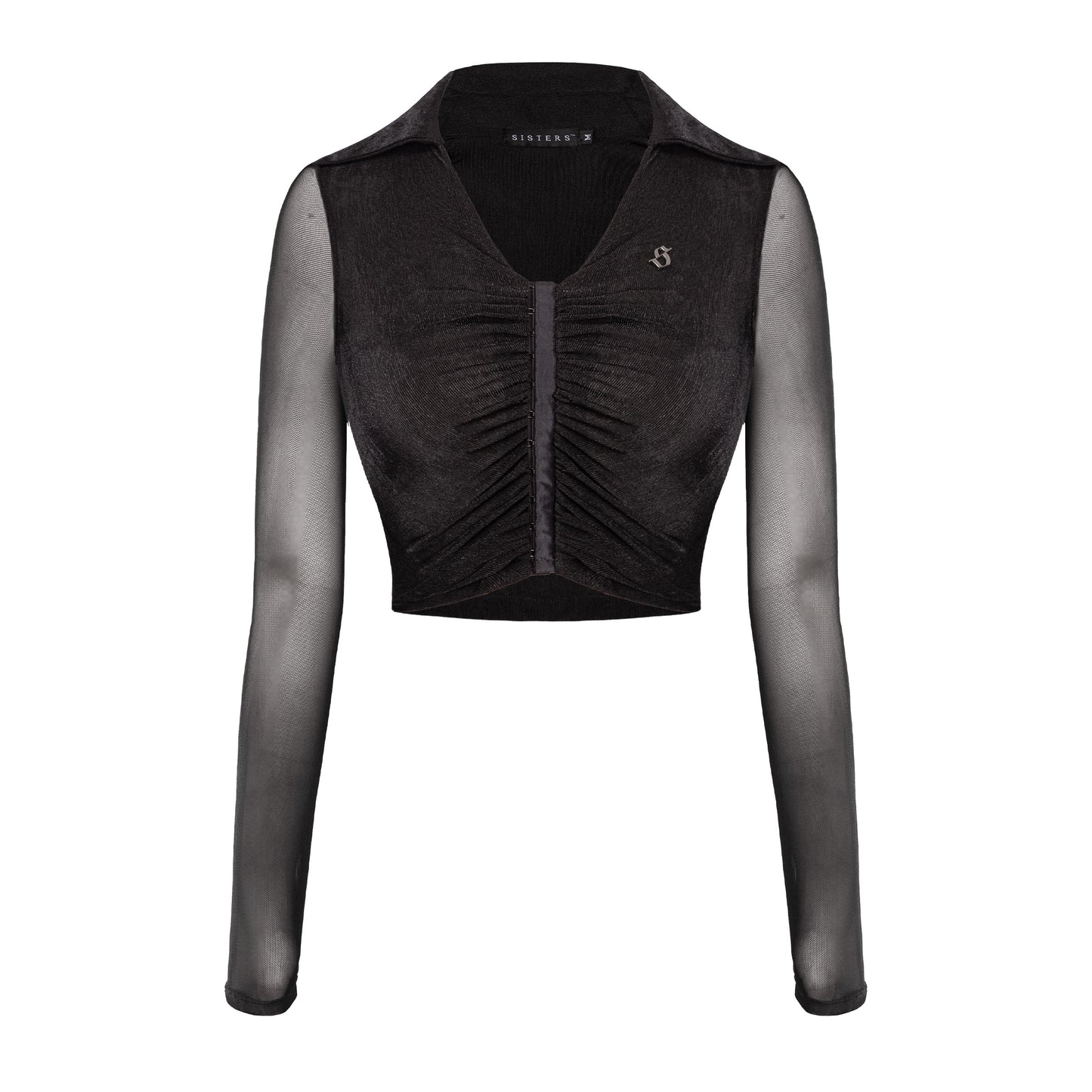 Black long-sleeve crop top with mesh sleeves on a white background