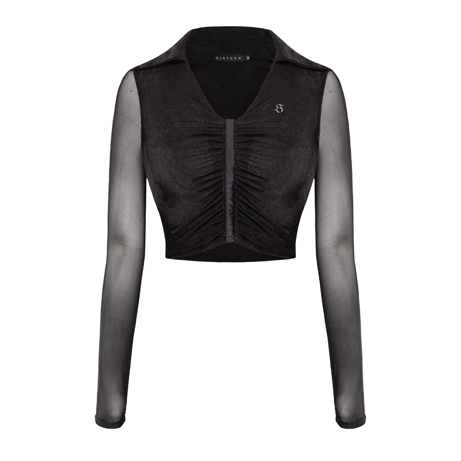 Black long-sleeve crop top with mesh sleeves on a white background