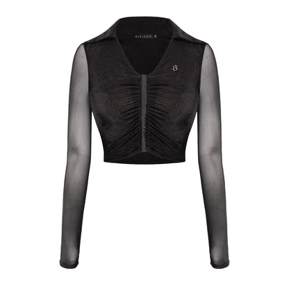 Black long-sleeve crop top with mesh sleeves on a white background